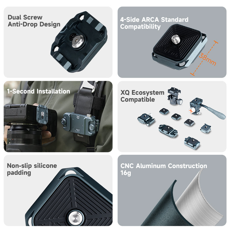 XILETU PQ-38T Aluminum Alloy Quick Release Plate, Anti-Deflection Anti-Drop for Arca Tripod, XQ QR System, DSLR/Mirrorless Camera Base