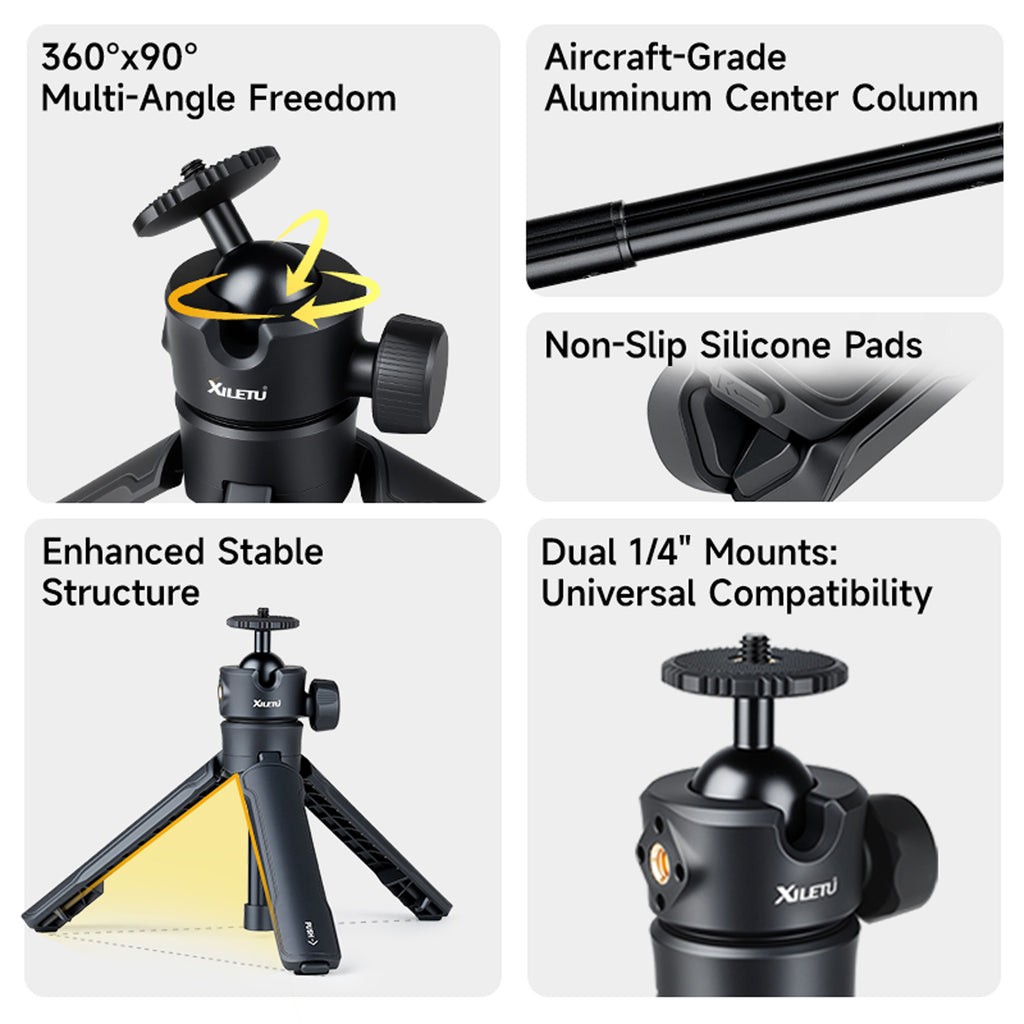 XILETU XS21+XJA+XCRB+GoPro Adapter Quick Open 3-Section Extendable 2-in-1 Desktop Tripod with 360° Ball Head and Phone Holder for DJI Pocket3/GoPro/Insta360