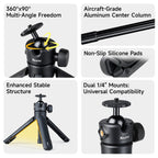 XILETU XS21+XJA+XCRB+GoPro Adapter Quick Open 3-Section Extendable 2-in-1 Desktop Tripod with 360° Ball Head and Phone Holder for DJI Pocket3/GoPro/Insta360