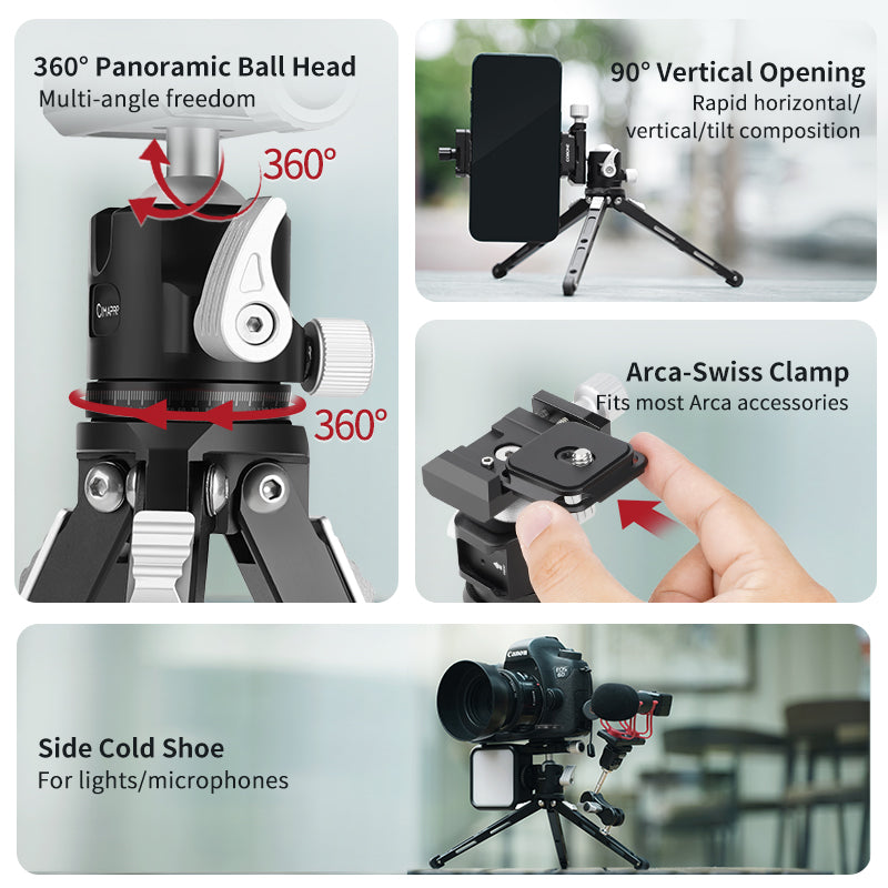 XILETU CB-1+CT-18 Mini Tripod with Arca Swiss Ball Head & Cold Shoe, Metal Handheld Selfie Stick for Phone Camera, 3KG Load for Live Vlog