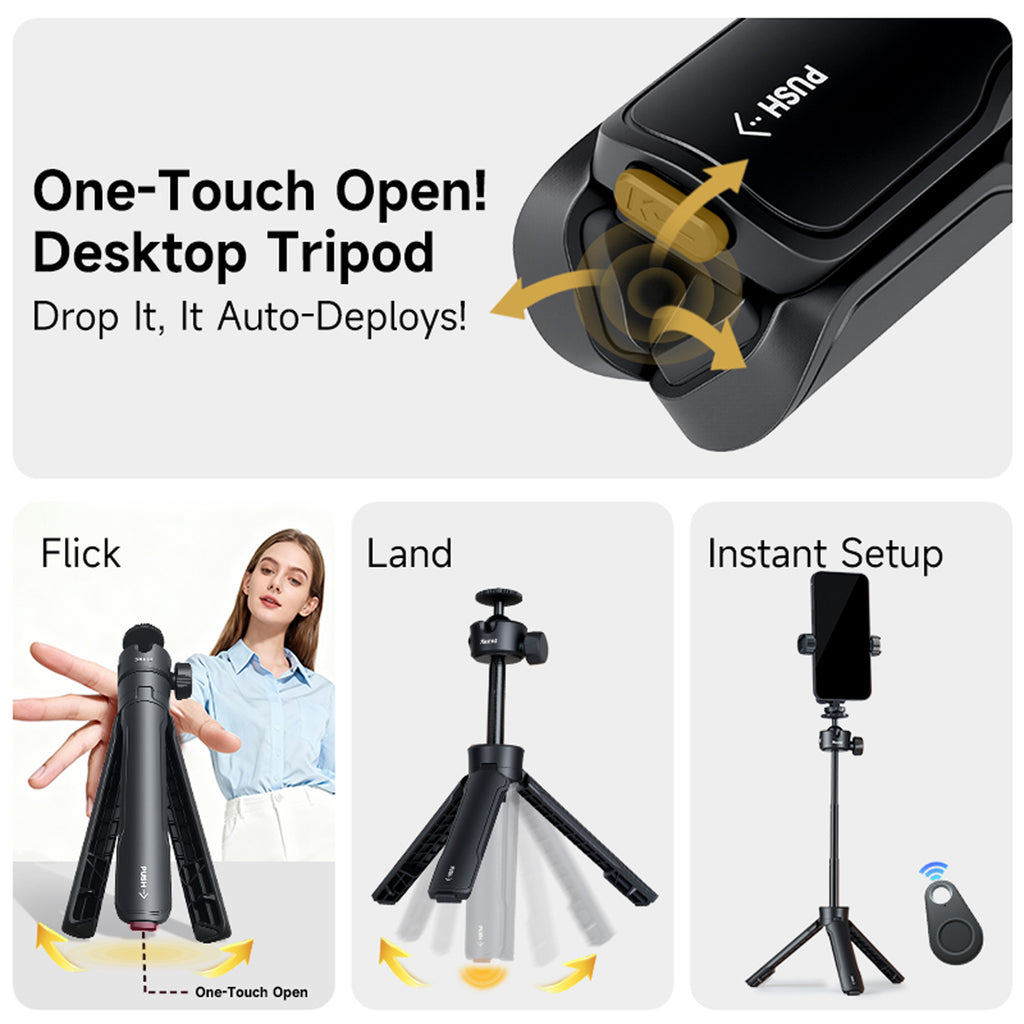 XILETU XS21+XJA+XCRB+GoPro Adapter Quick Open 3-Section Extendable 2-in-1 Desktop Tripod with 360° Ball Head and Phone Holder for DJI Pocket3/GoPro/Insta360
