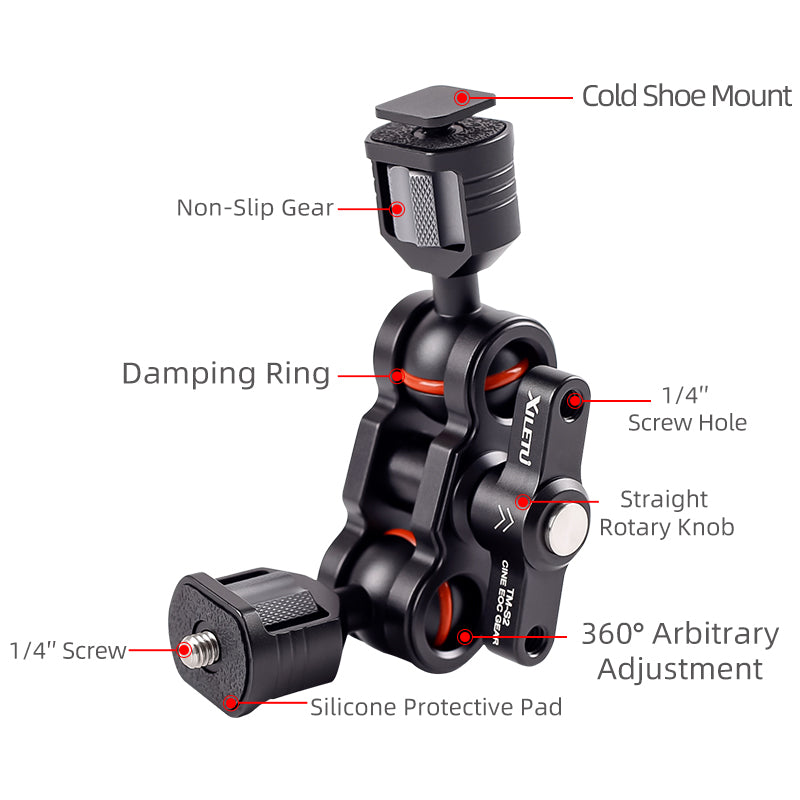 XILETU TM-S1 TM-S2 Magic Arm Camera Mount Bracket Double Ball Head 360° Rotation for Camera Monitor Lights Recorders Microphone Audio