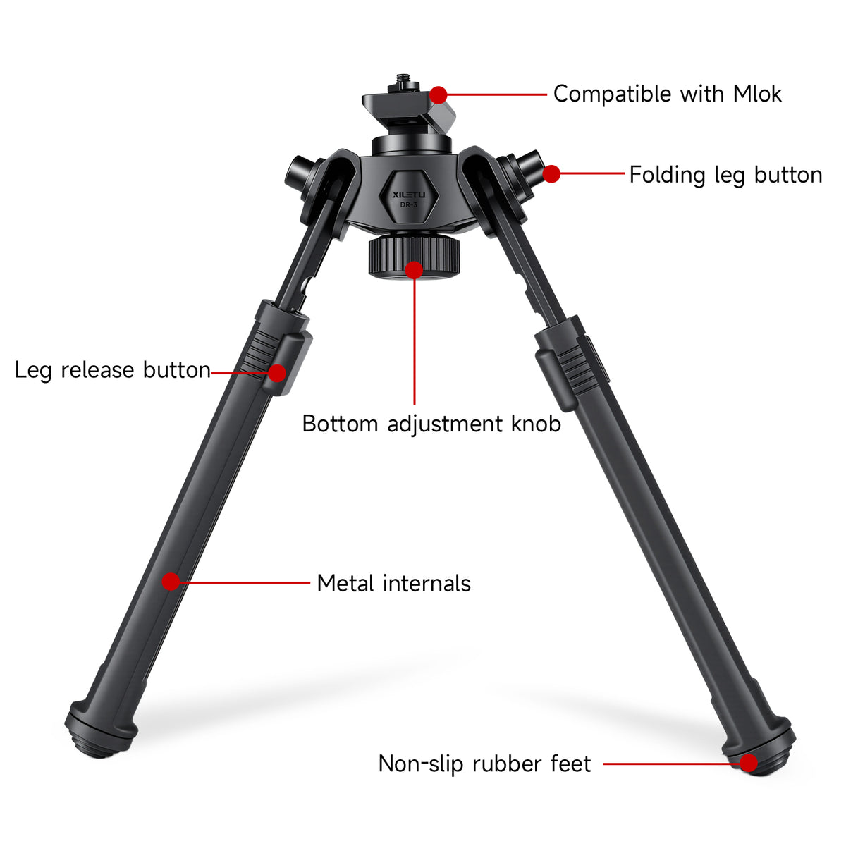 XILETU DR-3 Tactical Rifle Bipod 360° Swivel 6 Levels Height Adjustable 7.5-10.8 Inch Mlok Mount for Hunting Shooting