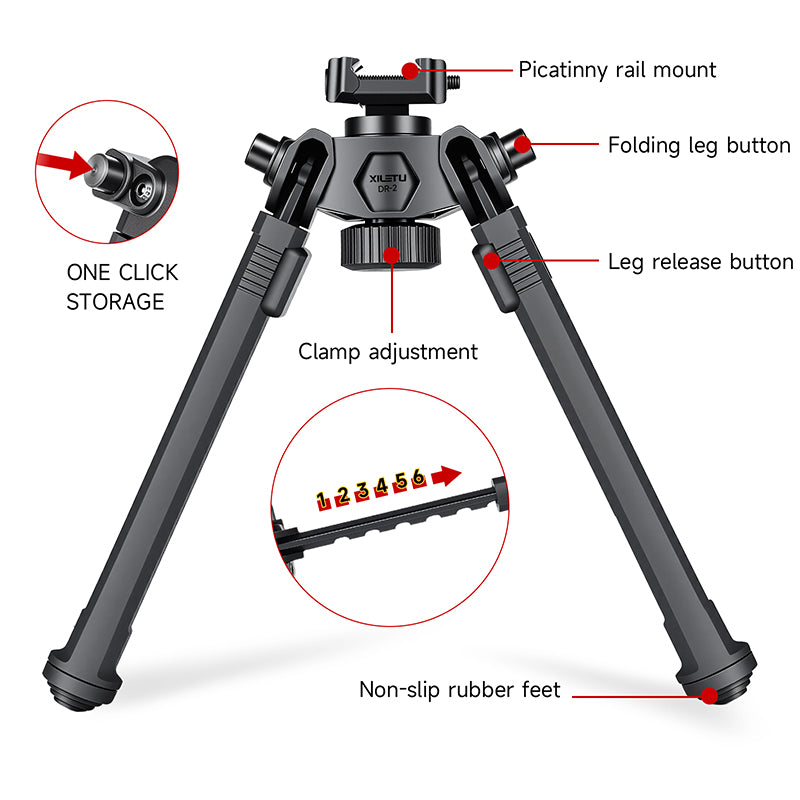 XILETU DR-2 Tactical Bipod, 360° Tilt Rotatable, Picatinny Mount, 6 Height Adjustable, Lightweight for Hunting Shooting