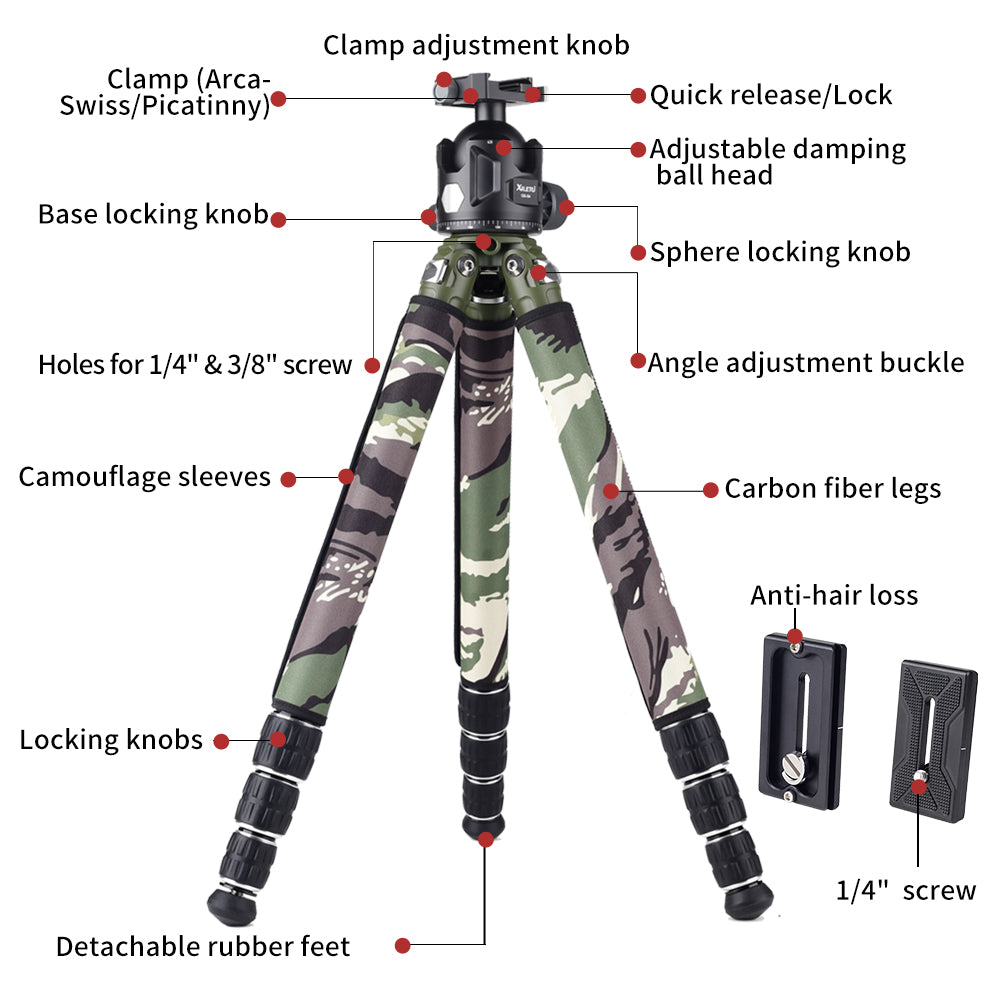 XILETU Carbon Fiber Travel Tripod 25kg Max Load Arca Swiss/Picatinny Clamp for Hunting Shooting Outdoor Photography