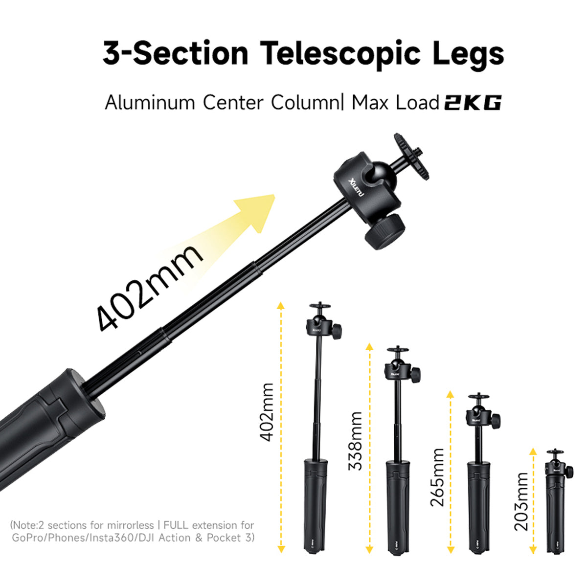 XILETU XS21+XJA+XCRB+GoPro Adapter Quick Open 3-Section Extendable 2-in-1 Desktop Tripod with 360° Ball Head and Phone Holder for DJI Pocket3/GoPro/Insta360