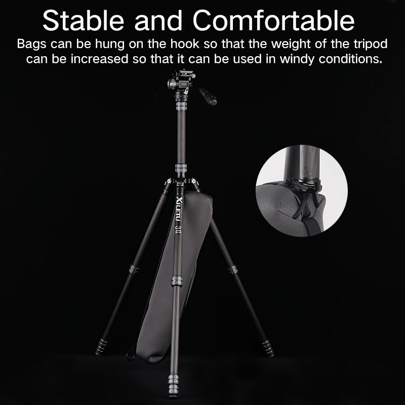 XILETU X224C+LS1 Portable Carbon Fiber Tripod Reverse Folding Design Hydraulic Head QR Plate 13lbs Load for DSLR Mirrorless Camera Phone
