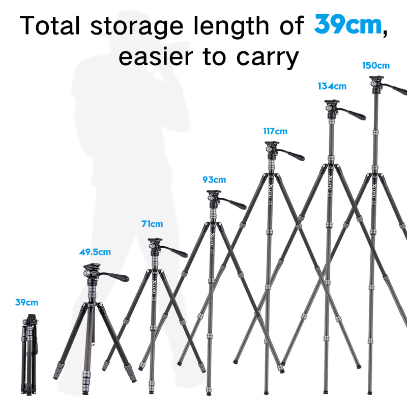 XILETU X224C+LS1 Portable Carbon Fiber Tripod Reverse Folding Design Hydraulic Head QR Plate 13lbs Load for DSLR Mirrorless Camera Phone