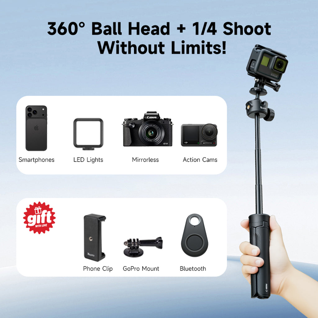 XILETU XS21+XJA+XCRB+GoPro Adapter Quick Open 3-Section Extendable 2-in-1 Desktop Tripod with 360° Ball Head and Phone Holder for DJI Pocket3/GoPro/Insta360