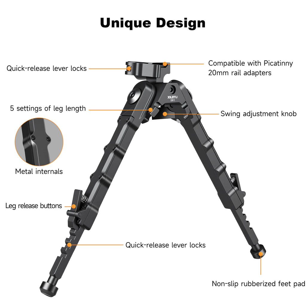 XILETU DR-1 7.2-8.6 Inch Bipod Foldable with 360° Rotation & Tilt, Quick Release Metal Bipod for Hunting Shooting Outdoor
