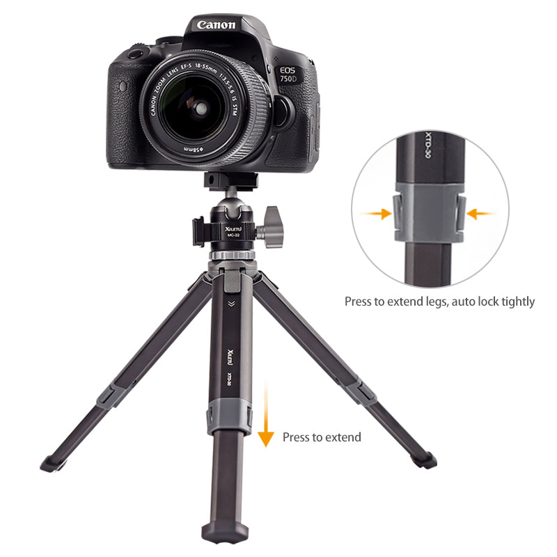XILETU XTD30+MC22 Aluminum Mini Tripod 3KG 360° Cold Shoe Ball Head 1/4'' Screw Telescopic Desktop Stand For Phone Camera Vlog Shooting