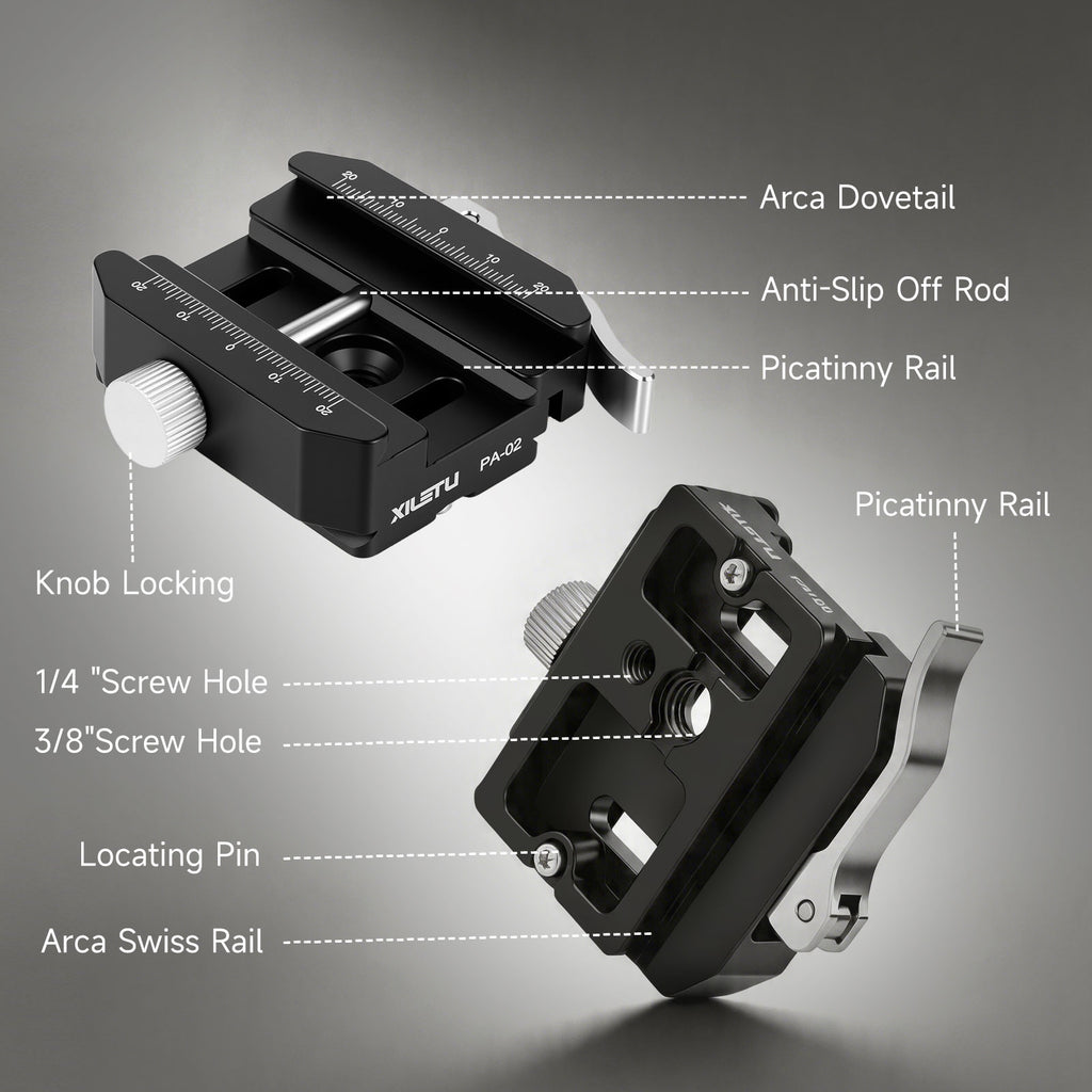 XILETU PA-02 140g QR Clamp, CNC Aluminum Quick Release Clamp, Arca-Swiss & Picatinny Adapter for DSLR Camera Tripod Monopod Ball Head