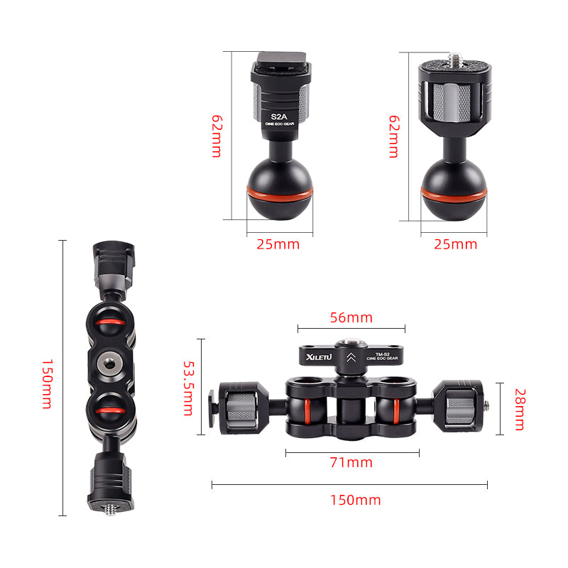 XILETU TM-S1 TM-S2 Magic Arm Camera Mount Bracket Double Ball Head 360° Rotation for Camera Monitor Lights Recorders Microphone Audio