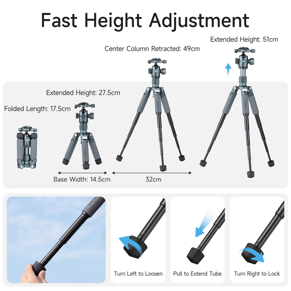 XILETU M-5GS Mini Tripod 1/4" Dual Panoramic Ball Head Portable Tabletop Camera Tripod for DSLR SLR Smartphone Vlog Macro Shooting