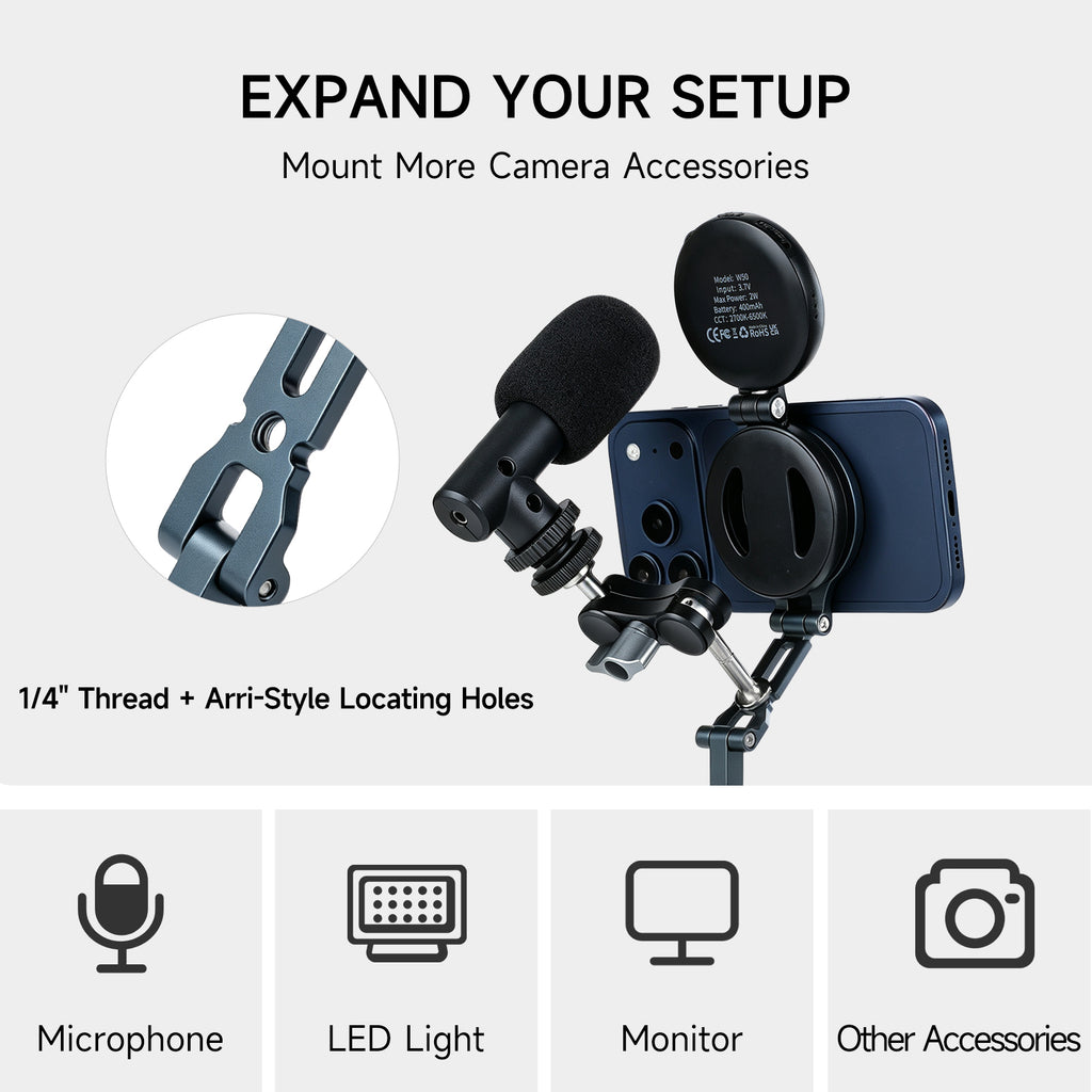 XILETU QPQ-T1 Magsafe Magnetic Phone Mount Foldable Metal Cold Shoe 1/4" Screw Arri Locating Hole Vlog Live Streaming Bracket