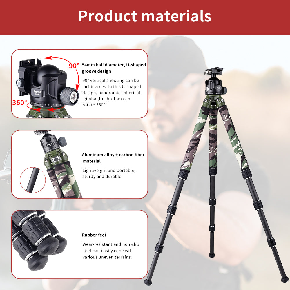 XILETU Carbon Fiber Travel Tripod 25kg Max Load Arca Swiss/Picatinny Clamp for Hunting Shooting Outdoor Photography