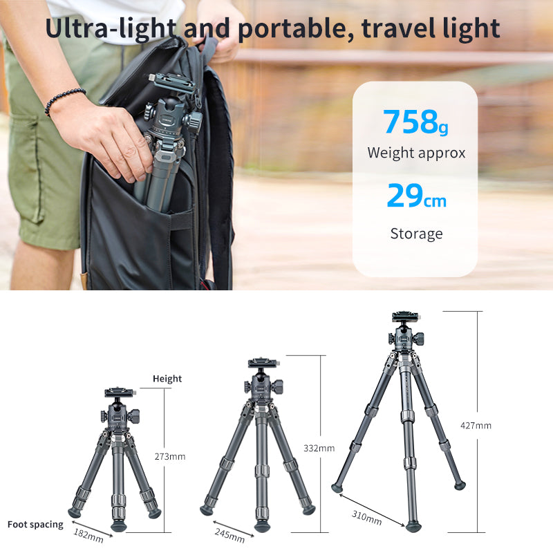 XILETU XL223A+QG28 Portable Quick Release Camera Tripod with 360 Degree Ball Head Mini Desktop Stand for Mobile Phones, Cameras, DSLR