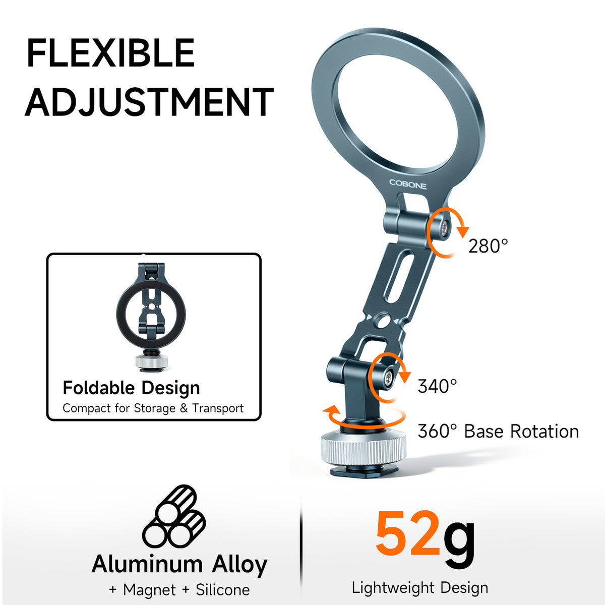 XILETU QPQ-T1 Magsafe Magnetic Phone Mount Foldable Metal Cold Shoe 1/4" Screw Arri Locating Hole Vlog Live Streaming Bracket