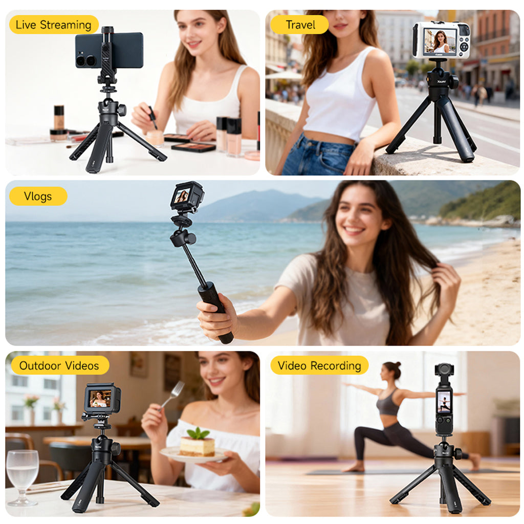 XILETU XS21+XJA+XCRB+GoPro Adapter Quick Open 3-Section Extendable 2-in-1 Desktop Tripod with 360° Ball Head and Phone Holder for DJI Pocket3/GoPro/Insta360