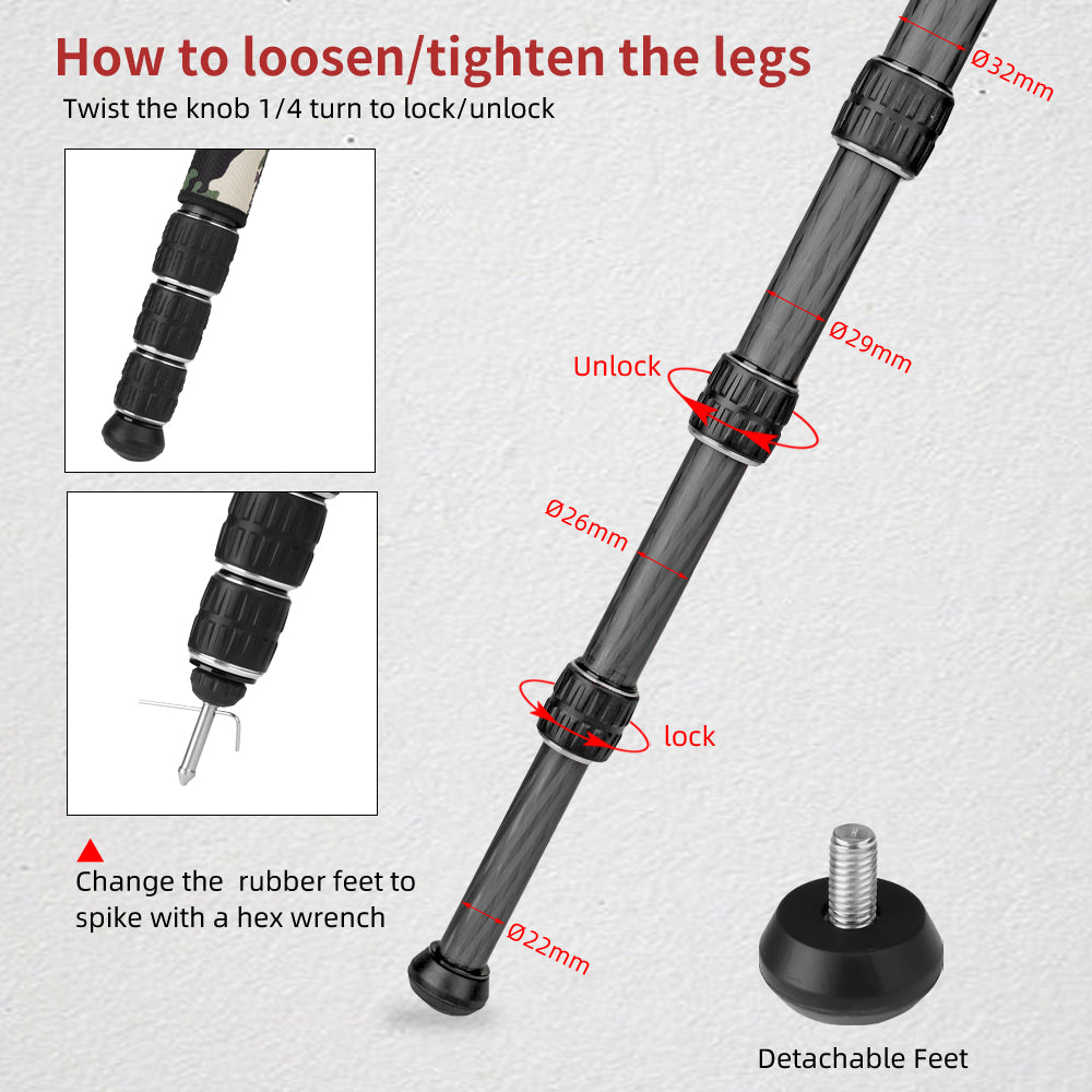 XILETU Carbon Fiber Travel Tripod 25kg Max Load Arca Swiss/Picatinny Clamp for Hunting Shooting Outdoor Photography