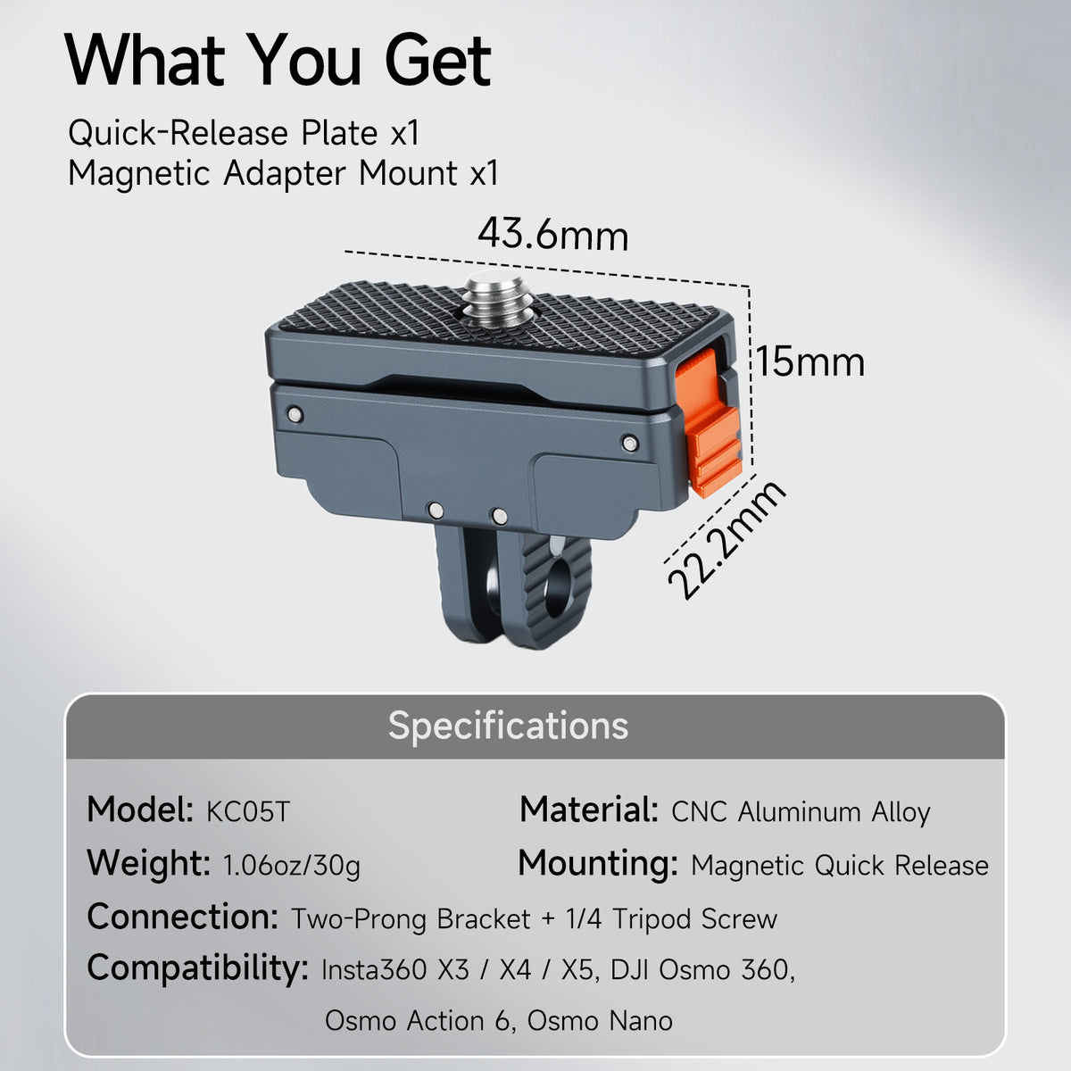 XILETU KC05T 2‑in‑1 Magnetic Quick‑Release Mount CNC Aluminum Adapter 2‑Prong & 1/4 Screw for Action Camera Tripod Accessory