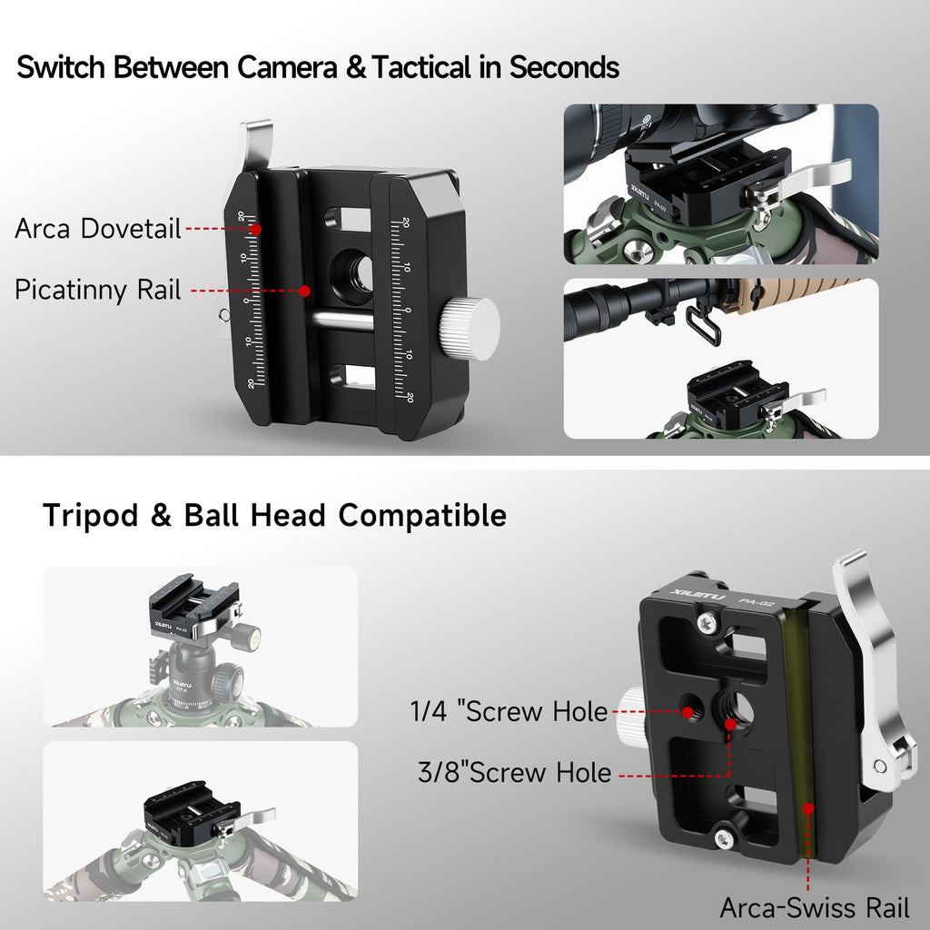 XILETU PA-02 140g QR Clamp, CNC Aluminum Quick Release Clamp, Arca-Swiss & Picatinny Adapter for DSLR Camera Tripod Monopod Ball Head