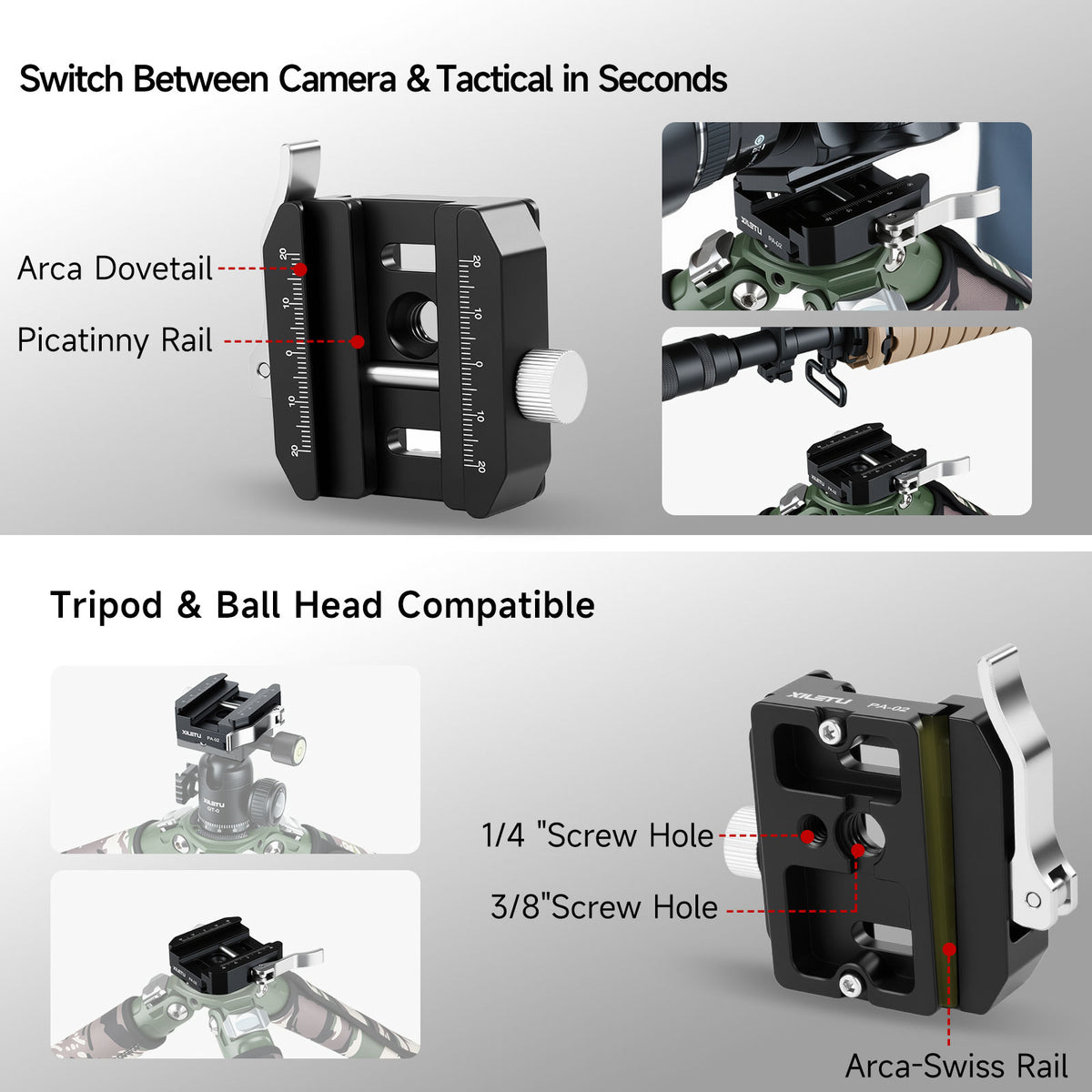 XILETU PA-02 140g QR Clamp, CNC Aluminum Quick Release Clamp, Arca-Swiss & Picatinny Adapter for DSLR Camera Tripod Monopod Ball Head