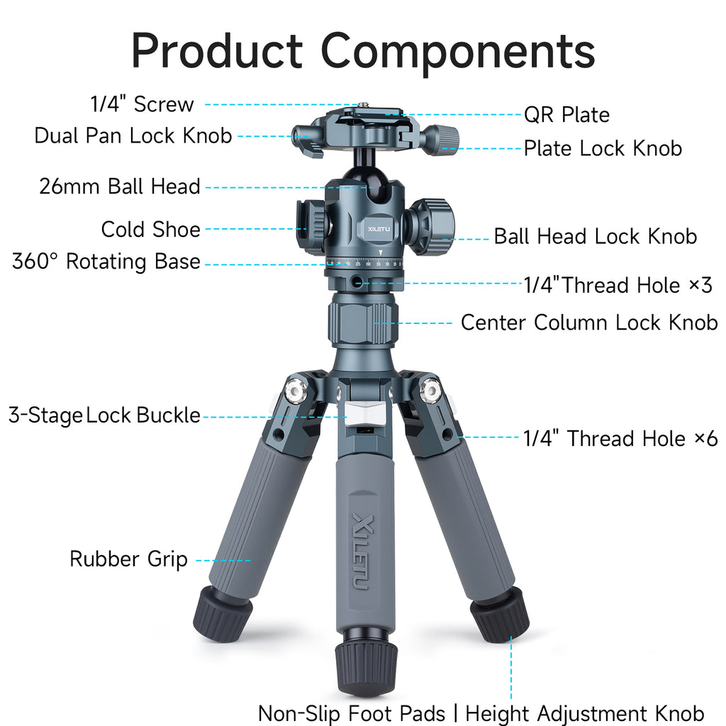 XILETU M-5GS Mini Tripod 1/4" Dual Panoramic Ball Head Portable Tabletop Camera Tripod for DSLR SLR Smartphone Vlog Macro Shooting