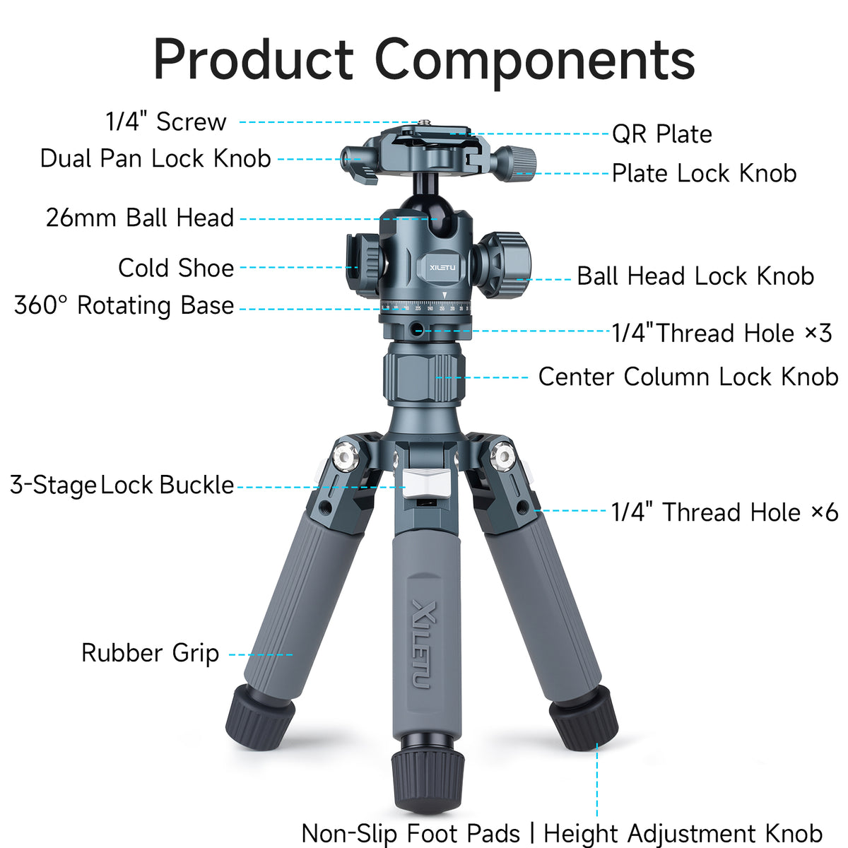 XILETU M-5GS Mini Tripod 1/4" Dual Panoramic Ball Head Portable Tabletop Camera Tripod for DSLR SLR Smartphone Vlog Macro Shooting