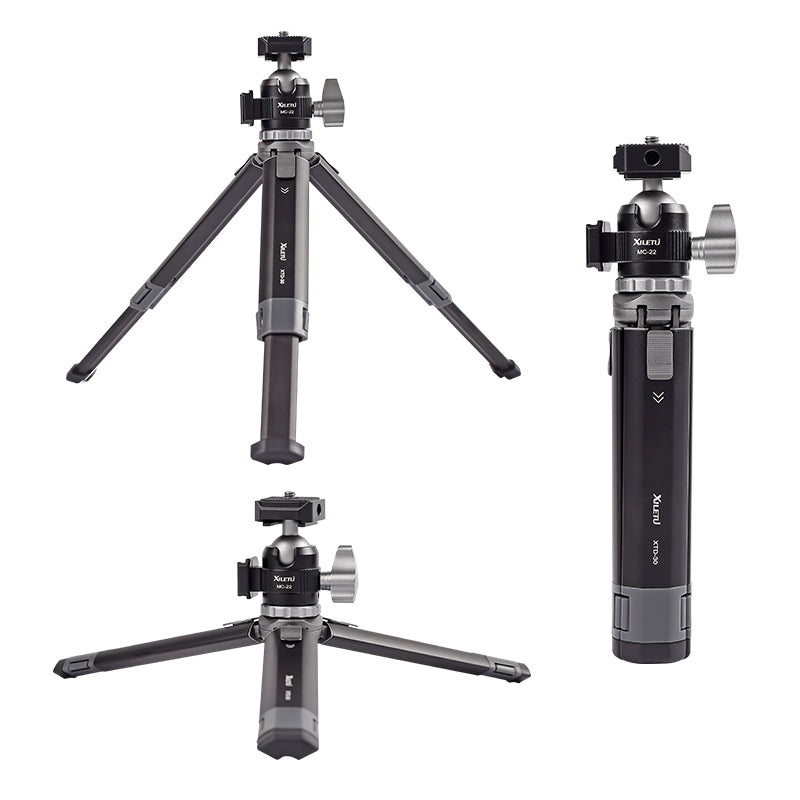 XILETU XTD30+MC22 Aluminum Mini Tripod 3KG 360° Cold Shoe Ball Head 1/4'' Screw Telescopic Desktop Stand For Phone Camera Vlog Shooting