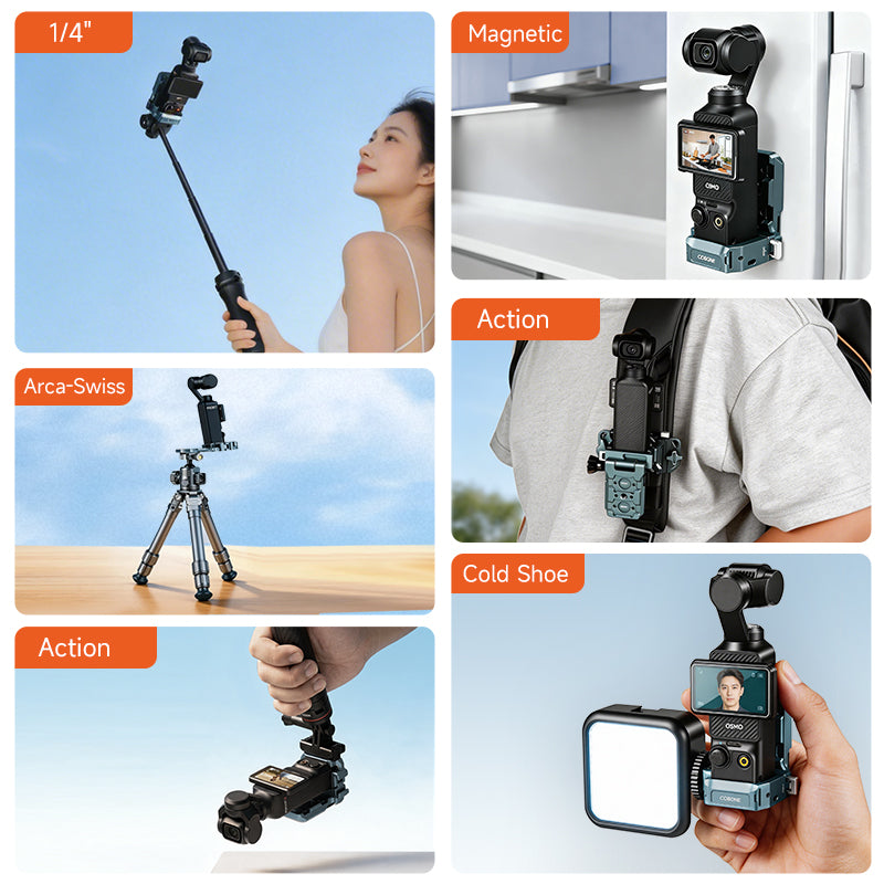 XILETU CPK-2 180° Adjustable Magnetic Mount for DJI Osmo Pocket 3, Cold Shoe 1/4" Thread Action & Filter Holder for Vlog