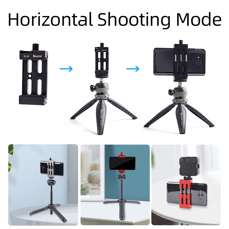 XILETU XJ-8 Tripod Head Bracket Mobile Phone Holder Clip For Phone Flashlight Microphone Clamp for Smartphone Vlog Shooting