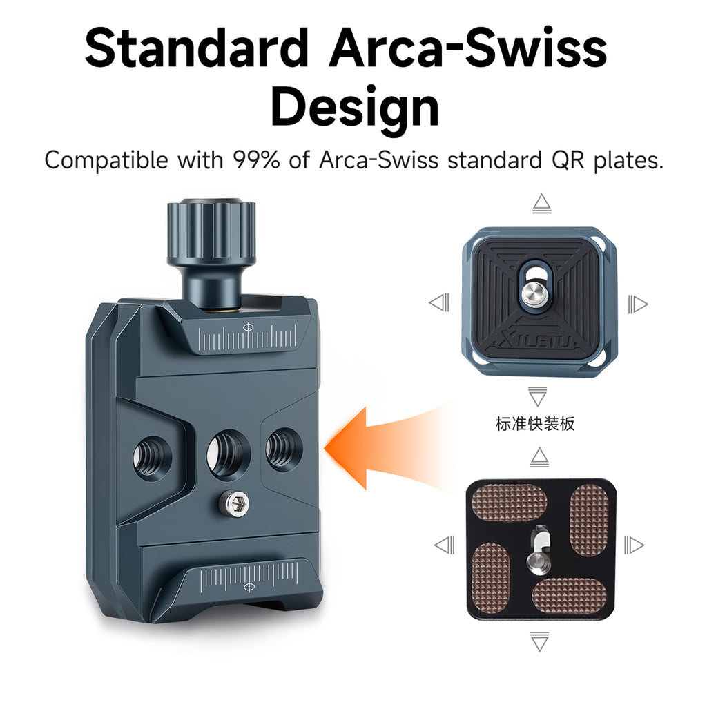 XILETU QR-40S Arca-Swiss QR Clamp Universal Camera Tripod Mount Base Aluminum Alloy 1/4 3/8 Thread for DSLR Mirrorless Vlog Shooting