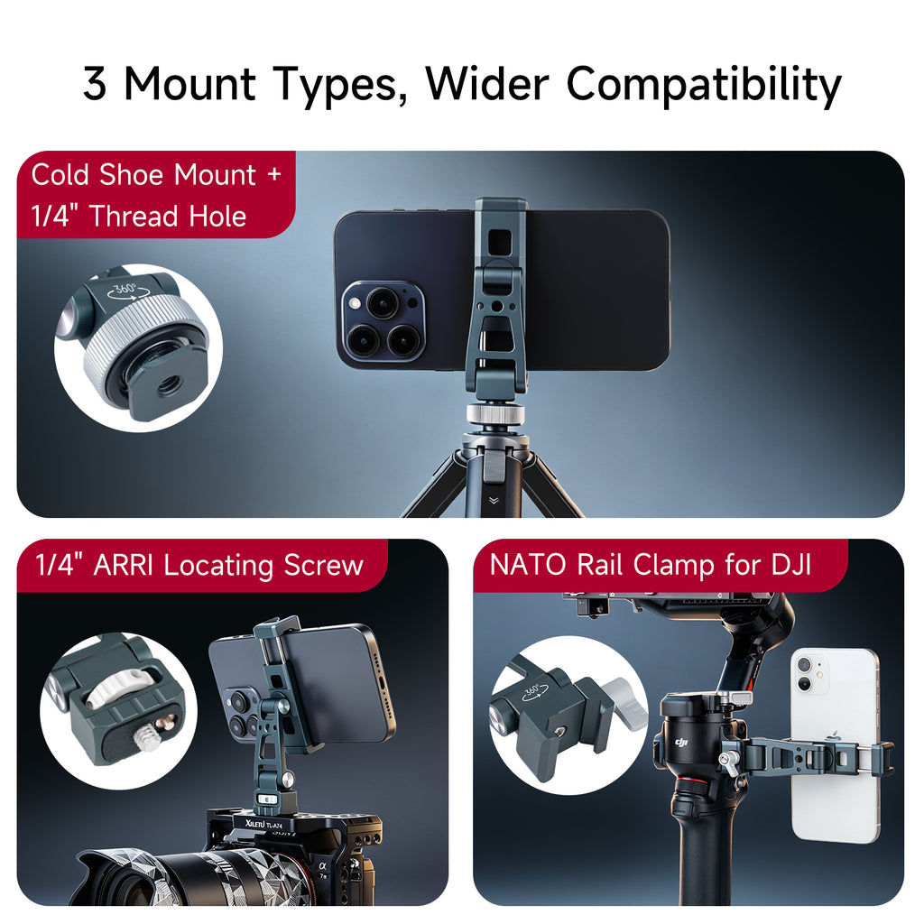XILETU Aluminum Cold Shoe Phone Mount for DJI RS Stabilizer, 360° Adjustable HV Bracket for Camera Monitor Live Streaming