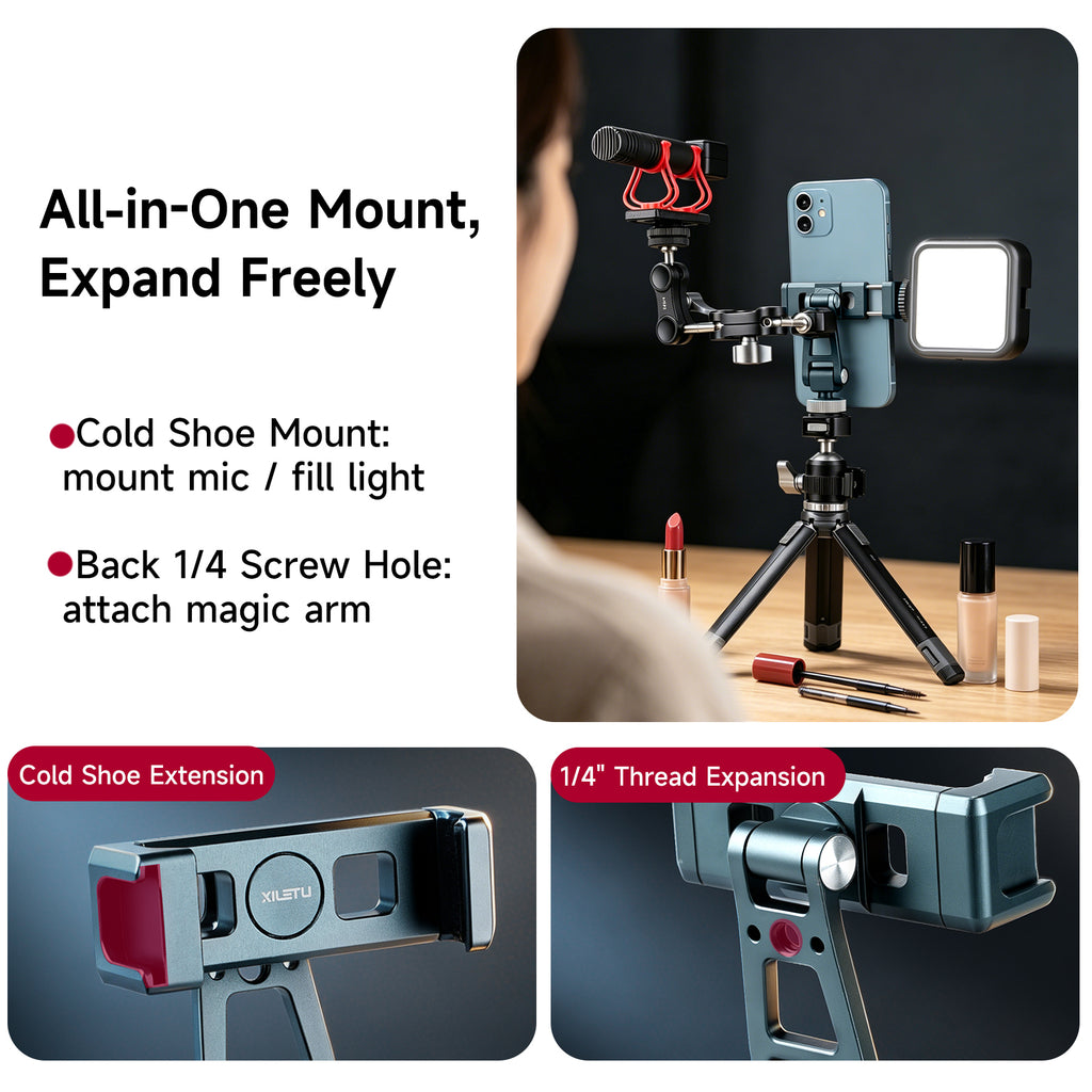 XILETU Aluminum Cold Shoe Phone Mount for DJI RS Stabilizer, 360° Adjustable HV Bracket for Camera Monitor Live Streaming