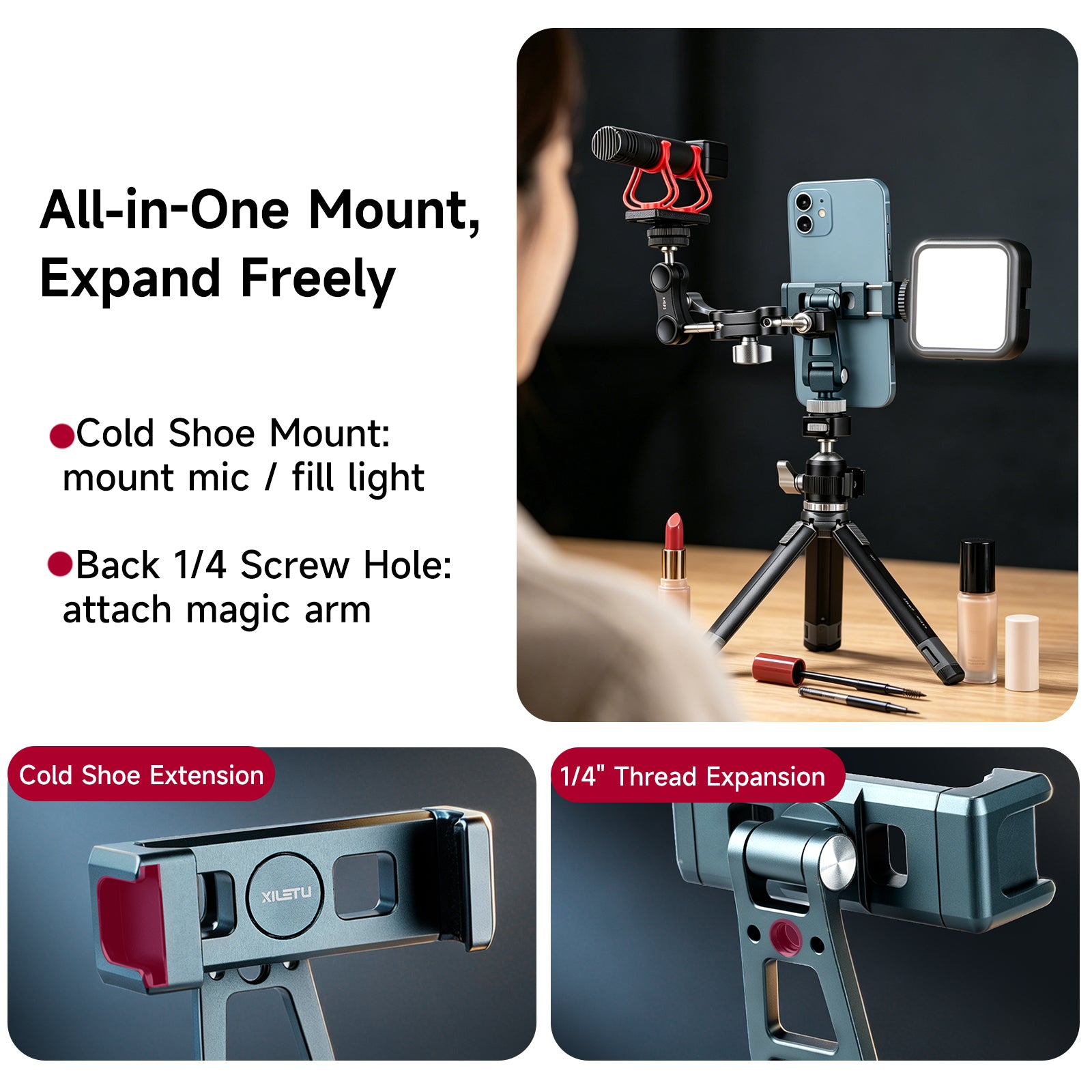 XILETU Aluminum Cold Shoe Phone Mount for DJI RS Stabilizer, 360° Adjustable HV Bracket for Camera Monitor Live Streaming