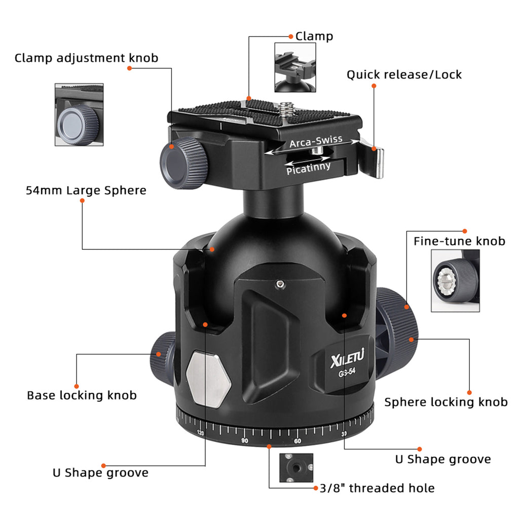 XILETU GS‑54 Aluminum 360° Panoramic Ball Head, 77lbs/35kg Max Load, Arca‑Swiss Compatible, Precision Support for Field & Photography
