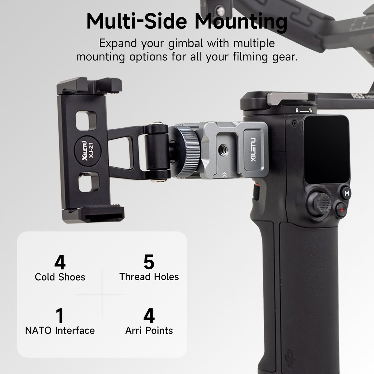 XILETU XDS-14 NATO Clamp Mount for DJI RS Series Stabilizer Multi‑Side Cold Shoe 1/4 Screw Hole ARRI Locating for Vlog Video Shooting