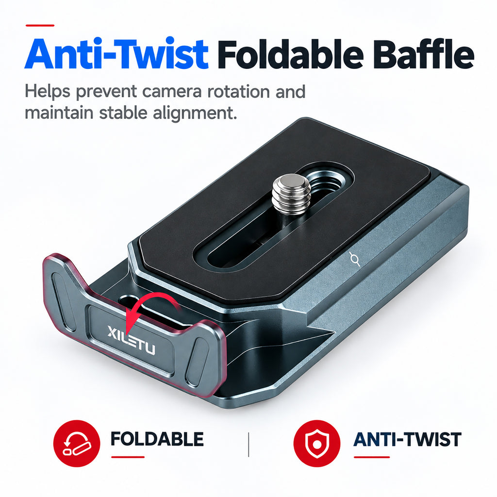 XILETU PU-65 Anti-Twist QR Plate Arca Swiss Camera Tripod Mount with Foldable Baffle 1/4" D-Ring Screw for DSLR Mirrorless Camera