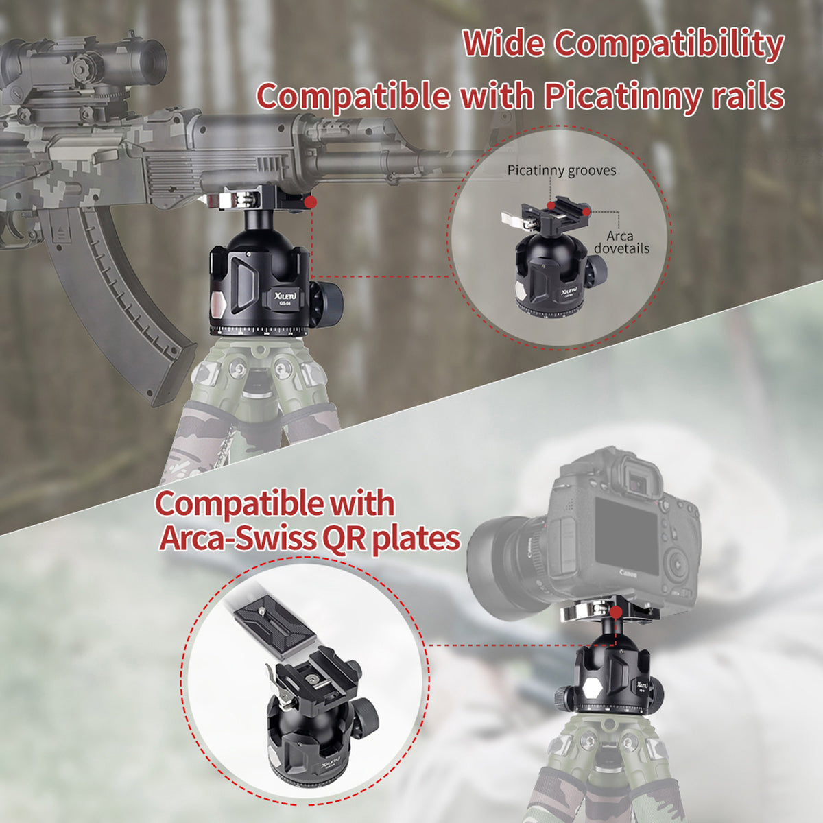 XILETU GS‑54 Aluminum 360° Panoramic Ball Head, 77lbs/35kg Max Load, Arca‑Swiss Compatible, Precision Support for Field & Photography