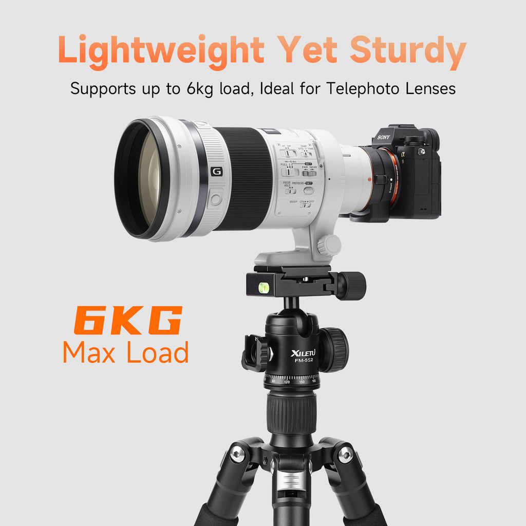 XILETU FM-5S Lightweight 5-Section Tripod Adjustable Height Detachable Cold Shoe for DSLR Mirrorless Telephoto Lens
