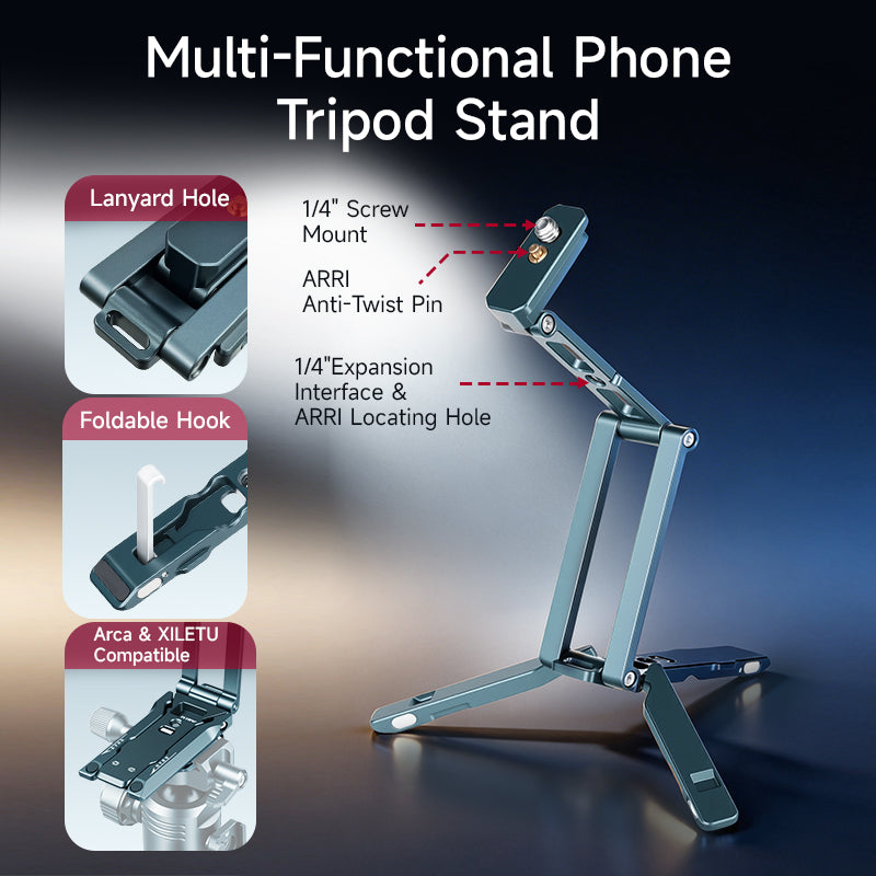 XILETU XJ-28 Mantis Foldable Tripod Hidden Hook Arca Quick Release 1/4 Screw for DJI Pocket3/4 GoPro Phone Travel Vlog Selfie Stick