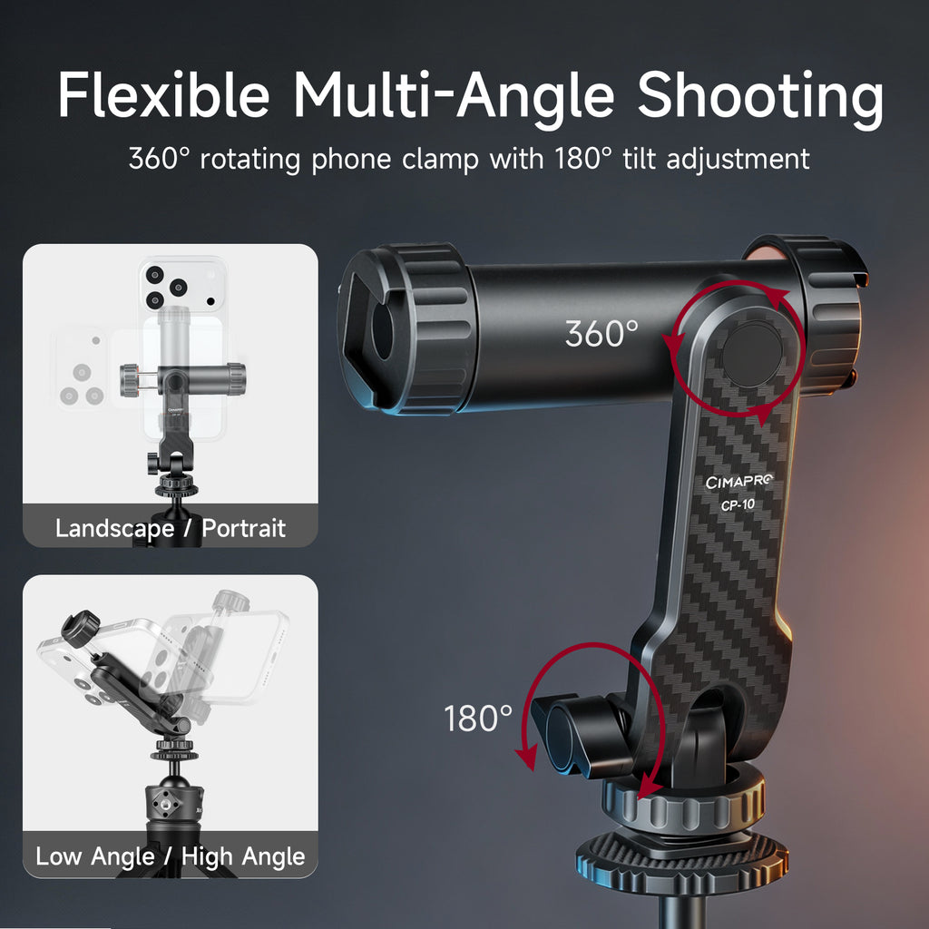 XILETU CP-10 360° Mobile Phone Clip Holder with Cold Shoe Mounts &1/4 Screw Phone Tripod Mount for Camera Smartphone Vlog