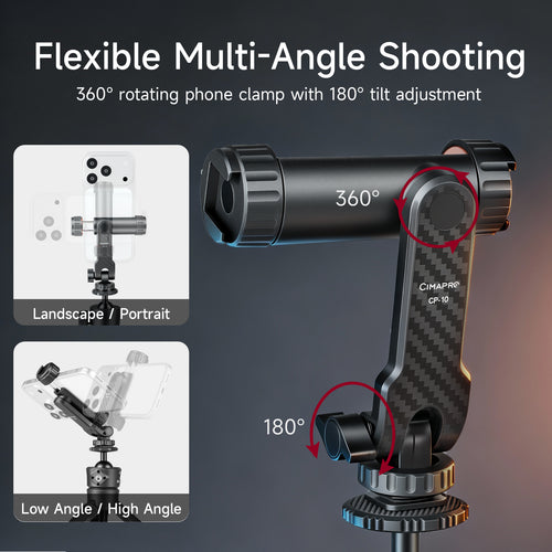 XILETU CP-10 360° Mobile Phone Clip Holder with Cold Shoe Mounts &1/4 Screw Phone Tripod Mount for Camera Smartphone Vlog