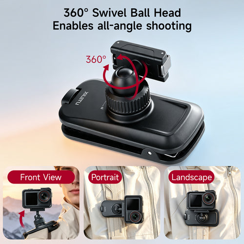 XILETU Magnetic Quick‑Release Backpack Clamp, 360° Ball‑Head Vlog Mount for Backpack Strap, DJI Action 6 & Nano