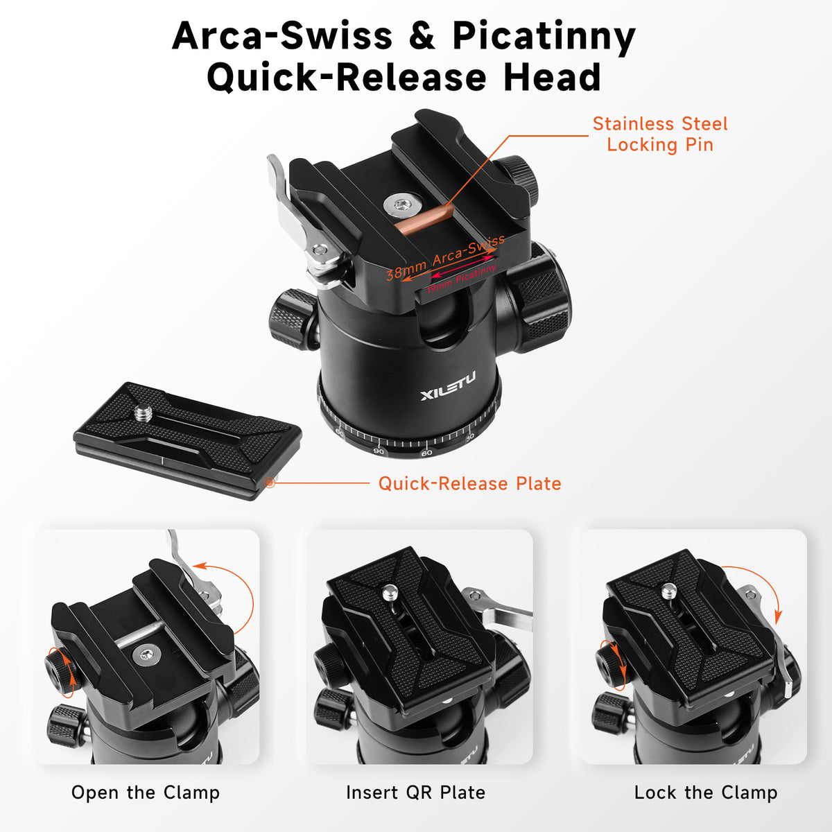 XILETU JS-44S Low‑Profile Ball Head Arca‑Swiss Quick‑Release Tripod Head Independent Damping Lock for DSLR Mirrorless Camera