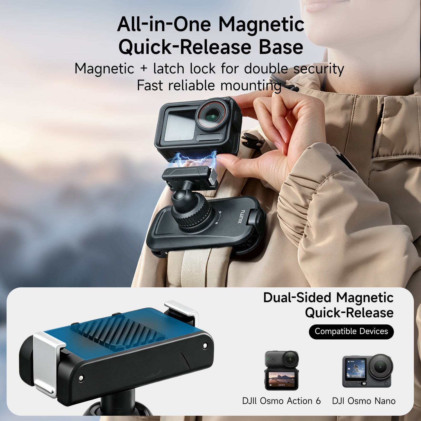 XILETU Magnetic Quick‑Release Backpack Clamp, 360° Ball‑Head Vlog Mount for Backpack Strap, DJI Action 6 & Nano