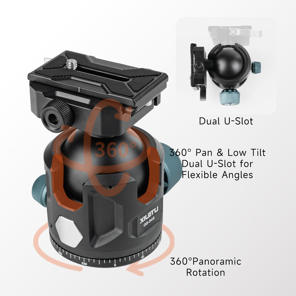 XILETU GS‑54S Low‑Profile Tripod Ball Head, Independent Damping Lock, Arca‑Swiss Quick‑Release for DSLR & Mirrorless Cameras