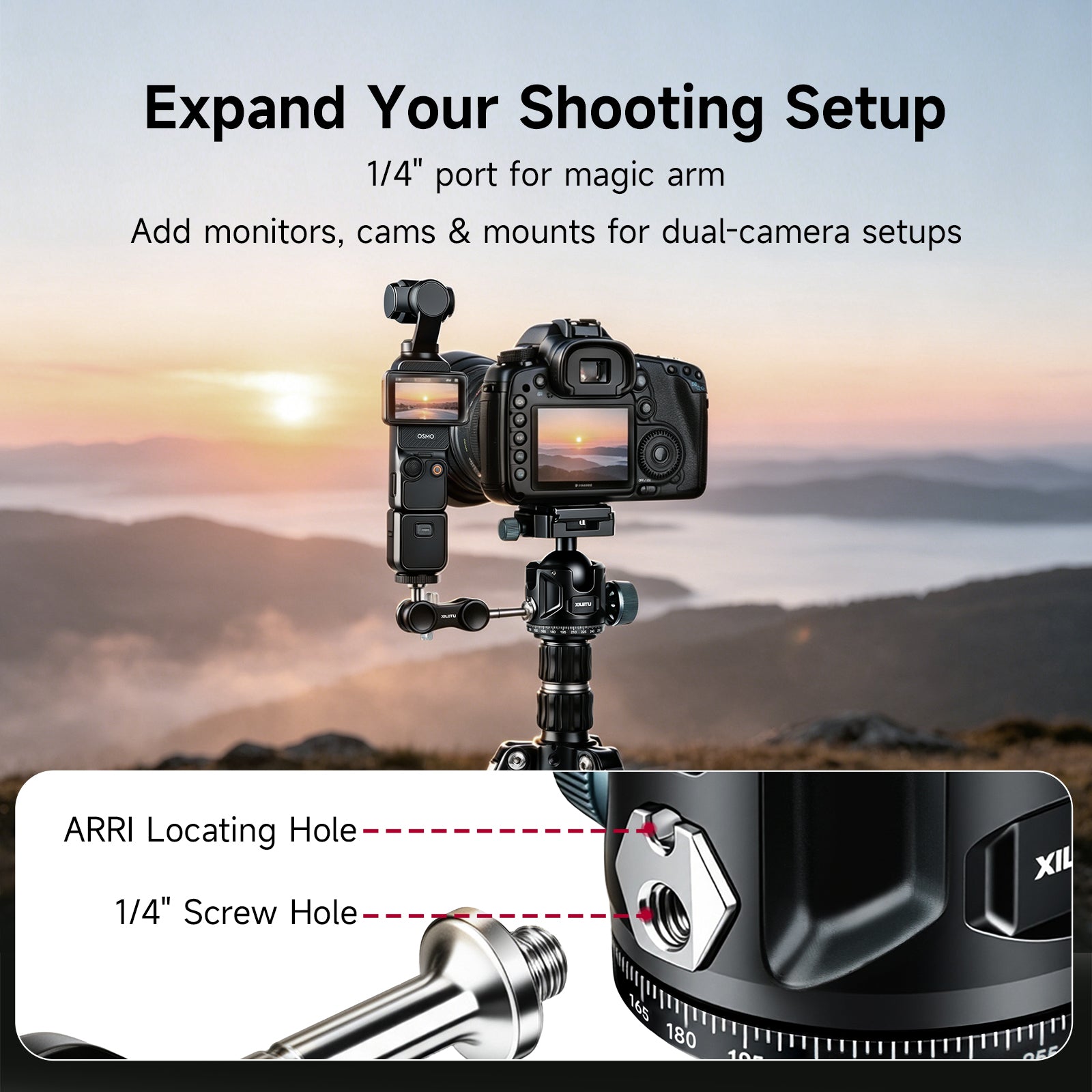 XILETU G-36 Metal Low‑Profile Ball Head, ARRI Locating Hole & Side 1/4" Port, Dual‑Device for DSLR Mirrorless Vlog Live Streaming