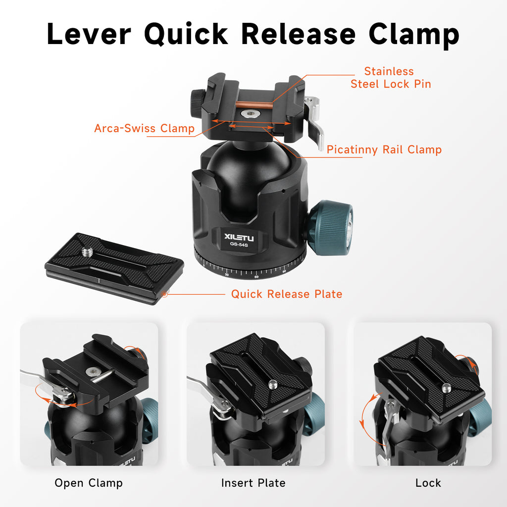 XILETU GS‑54S Low‑Profile Tripod Ball Head, Independent Damping Lock, Arca‑Swiss Quick‑Release for DSLR & Mirrorless Cameras